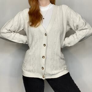 Vintage Large Neutral Heavy Chunky Knit Cotton Grandpa/Dad Button Down Cardigan